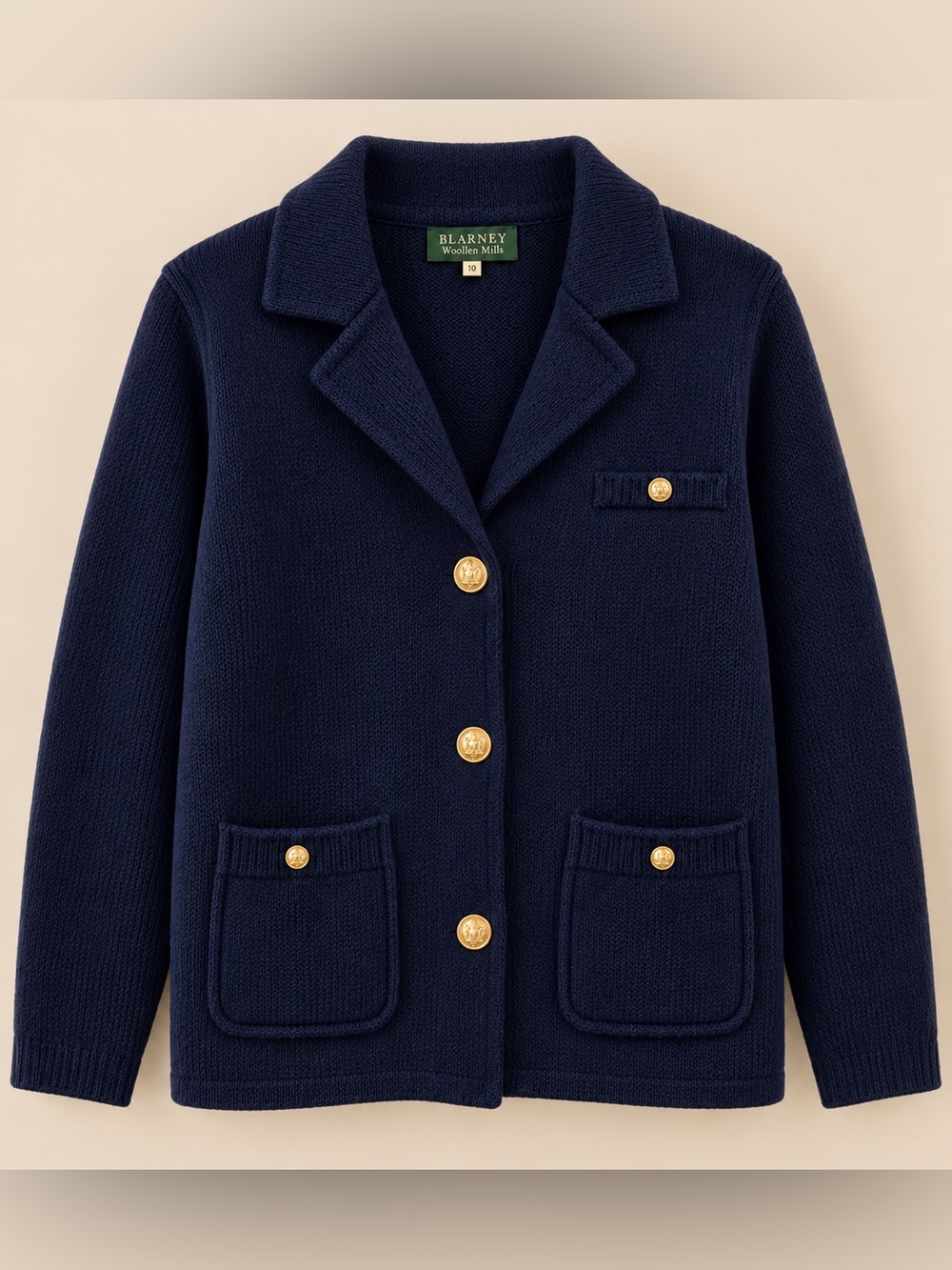 Vintage Blarney Woollen Mills 100% Wool Navy Gold Button Cardigan Size 10